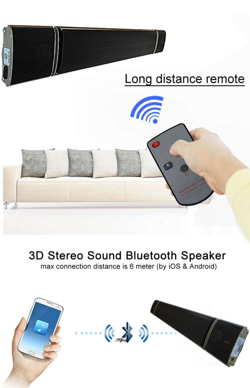 Riscaldatore Infrarossi Bluetooth SINED 1000W con Altoparlanti Integrati
