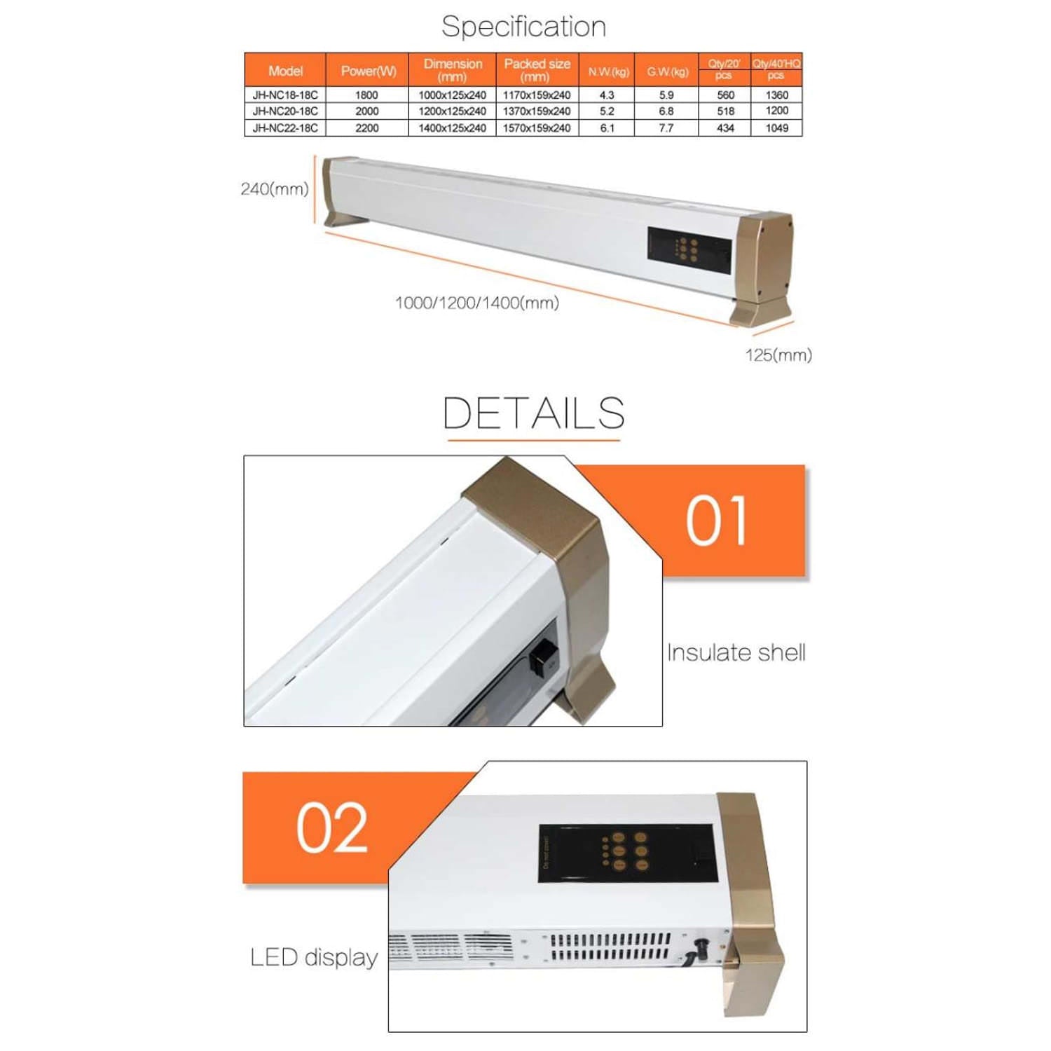 Stufa elettrica a battiscopa 2000W SINED: design elegante, alta efficienza energetica e funzionamento silenzioso.
