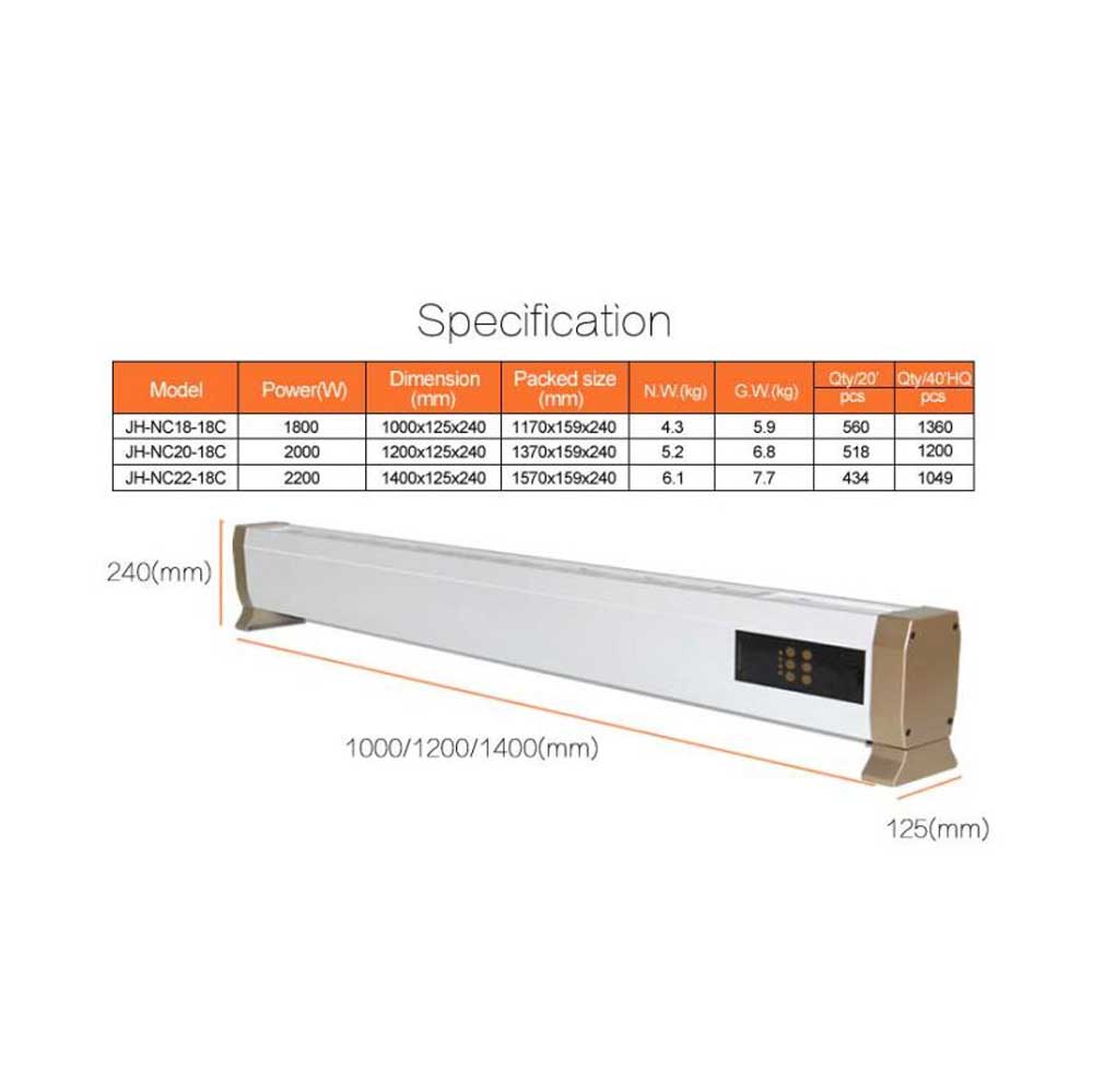 Stufa elettrica a battiscopa 2000W SINED: design elegante, alta efficienza energetica e funzionamento silenzioso.