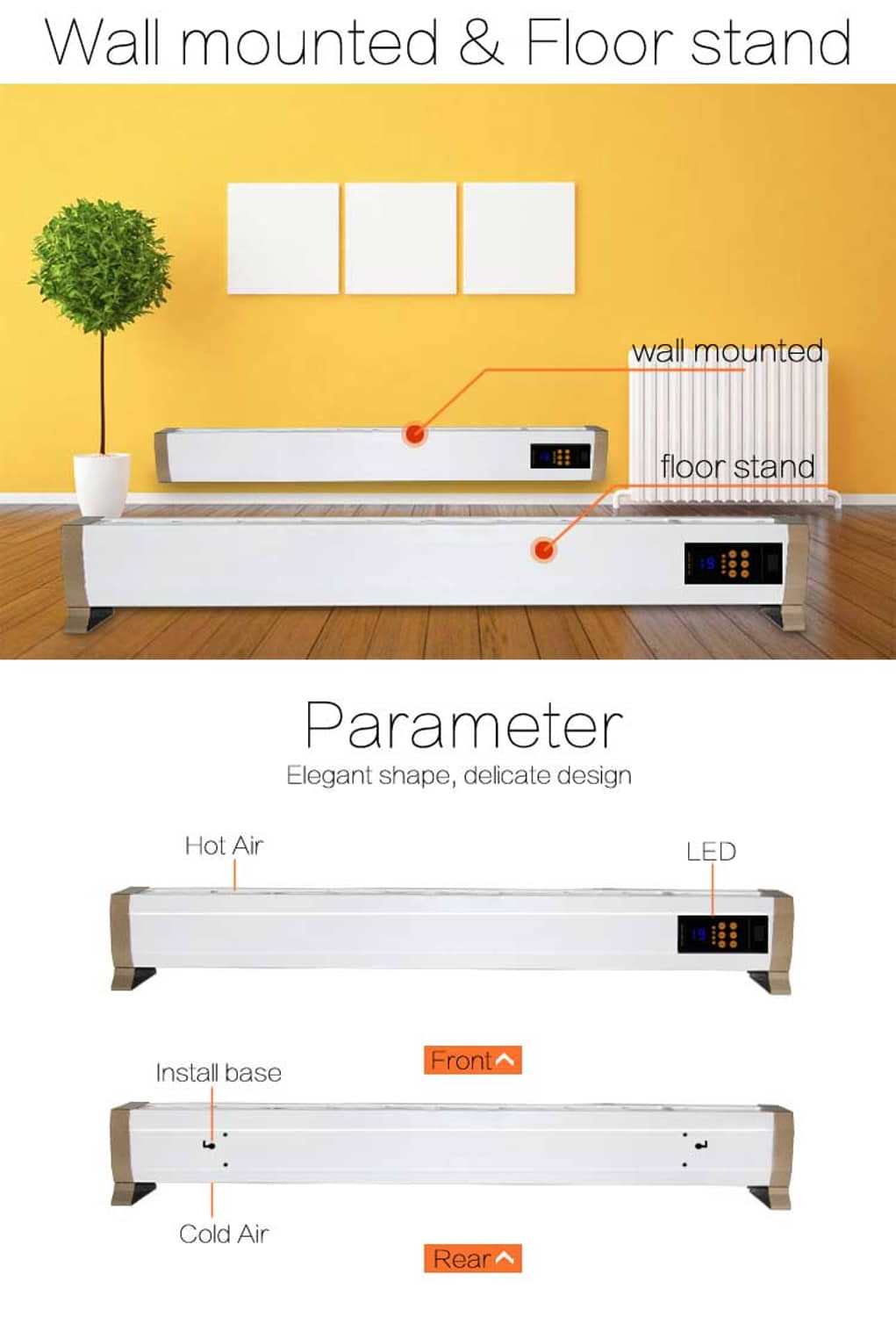 Riscaldatore a battiscopa 2200W SINED: design elegante, alta efficienza energetica e funzionamento silenzioso. Adatto per ambienti domestici e professionali, offre versatilità di posizionamento e controllo remoto. Acquista ora per un comfort duraturo e u