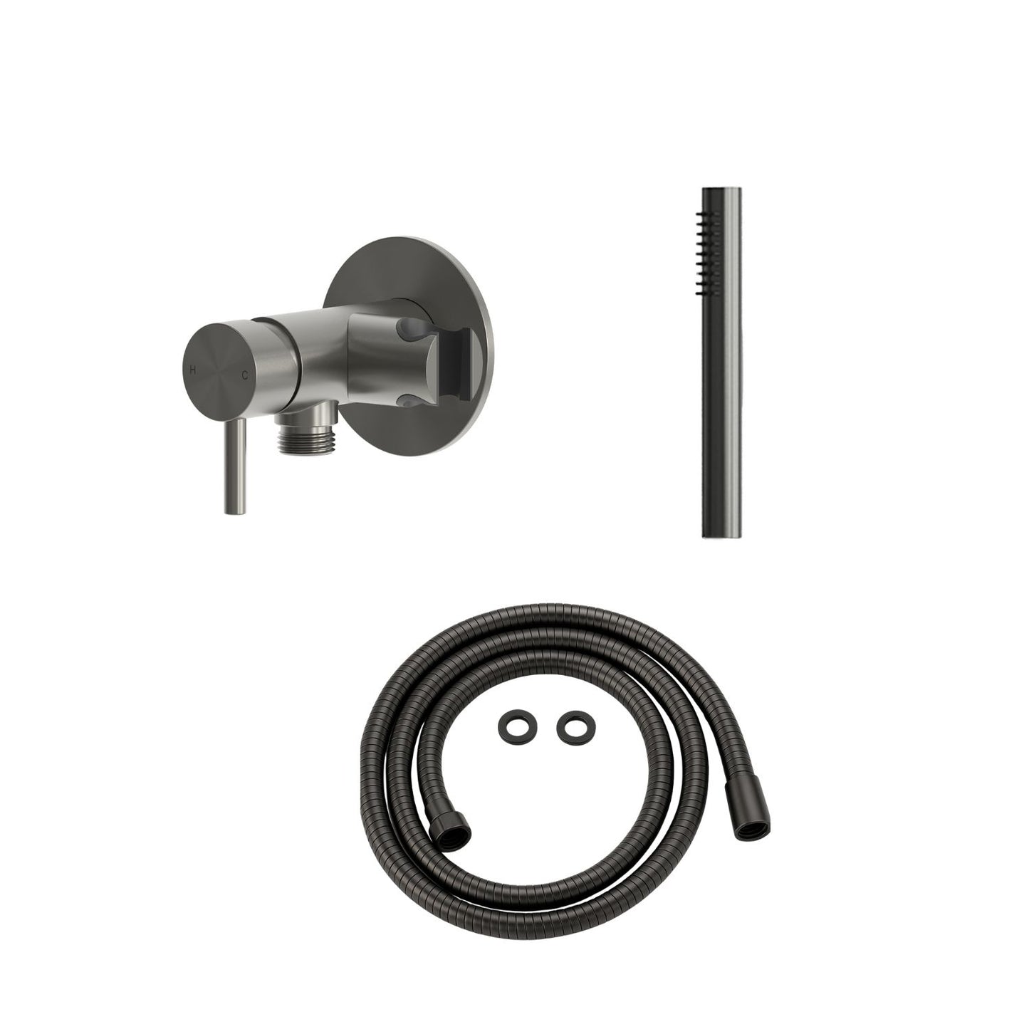 Set miscelatore a muro con doccino e tubo in acciaio inox 316L finitura canna di fucile design elegante e solido ugelli anticalcare massima resistenza a corrosione e usura per una durata superiore acqua calda e fredda