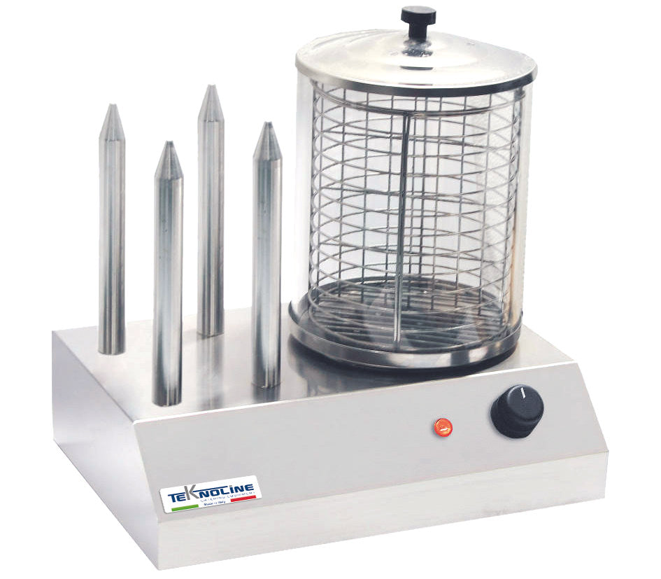 Scalda hot dog elettrico professionale 4 steli acciaio inox, design elegante e resistente, ideale per uso domestico e commerciale. Acquista ora con spedizione veloce e garanzia post-vendita.